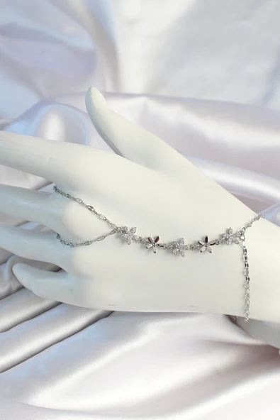 Zincirli Gümüş Renk Zirkon Taşlı Çiçek Şahmeran - EBJ250530W34429