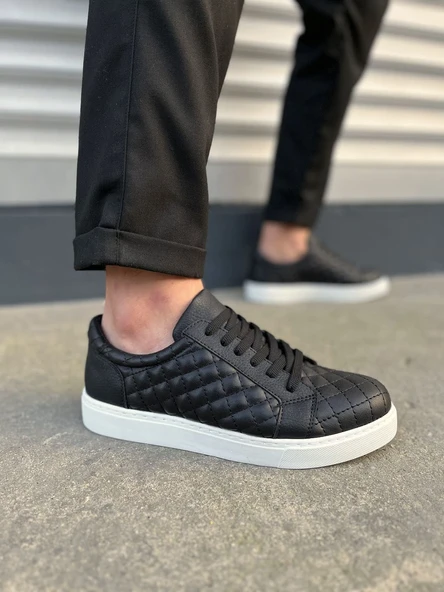 BY166 Prestige Bağcıklı Cilt Kapitone Desenli Erkek Günlük Sneaker Ayakkabı CBT - Siyah