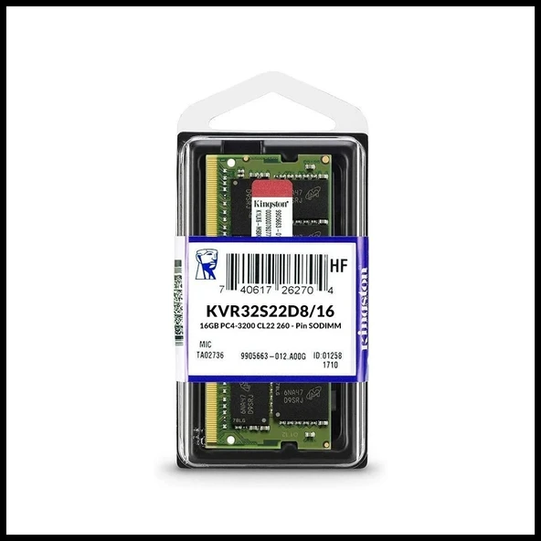 Kıngston Kvr32s22d8/16, 16gb, 3200mhz, Ddr4, Sodimm Notebook Ram, 1,2v, Cl22