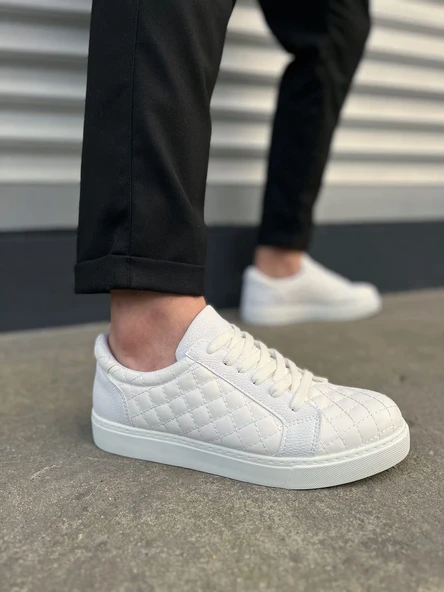 BY166 Prestige Bağcıklı Cilt Kapitone Desenli Erkek Günlük Sneaker Ayakkabı CBT - Beyaz