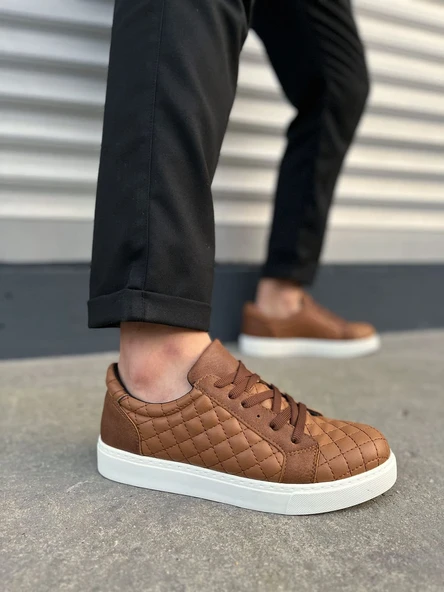 BY166 Prestige Bağcıklı Cilt Kapitone Desenli Erkek Günlük Sneaker Ayakkabı CBT - Taba
