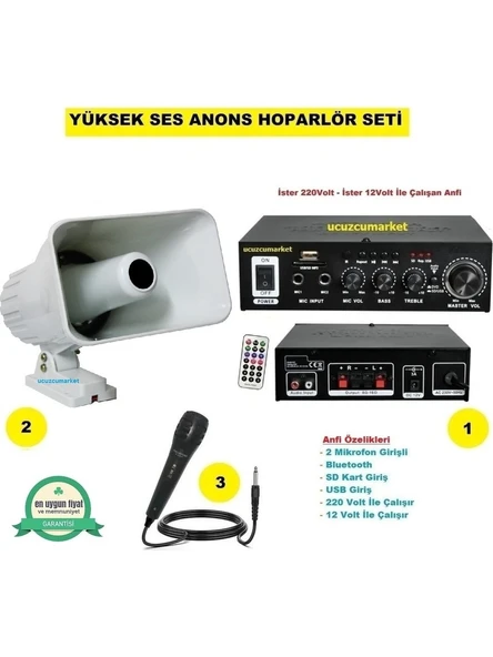 Pazarcı Anons Hoparlör Seti Yüksek Ses  Horn Hoparlör Mikrofon USB Sd Kart Girişli Mobil Amfi