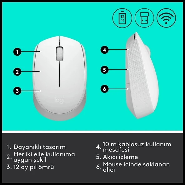 Logıtech 910-006867, M171 White, Usb Nano 2,4g Kablosuz, 1000dpi, Optik, 3 Tuşlu, 12ay Pil Ömrü, Mouse - 5