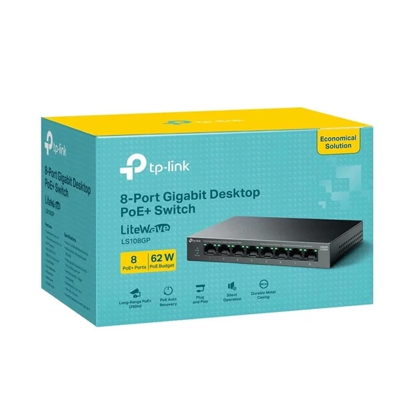ONTECH - Tp-lınk Ls108gp 8 Port Gıgabıt + Rj45 62w 250 Metre Poe Mesafe Metal Kasa