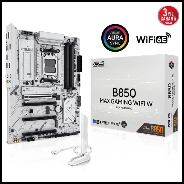 Asus B850 Max Gamıng Wıfı W, 4xddr5, 3x M2, Hdmı, Dp, Type-c, Wi-fi 6e, Bluetooth V5.3, Am5 Soket Gamıng Beyaz Anakart