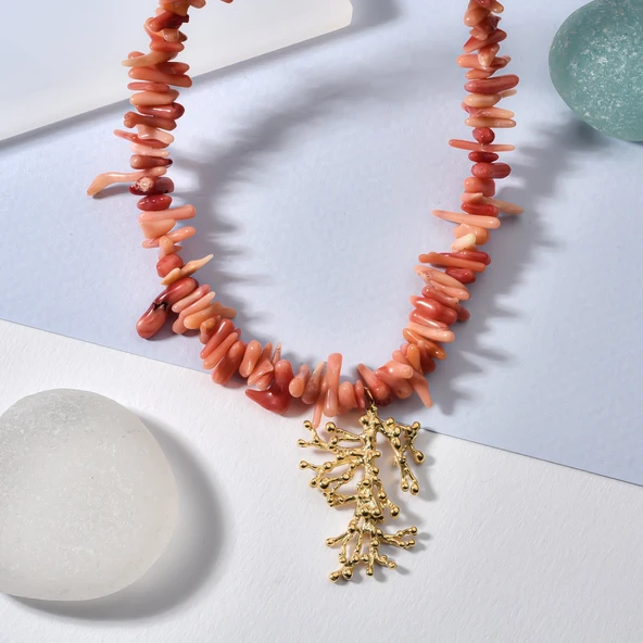 14 Ayar Altın Kaplama Doğal Düzensiz Dal  Mercan  El Yapımı Gümüş Kolye - CNS00631 - Resim 4