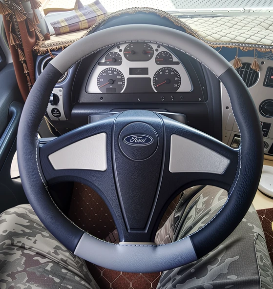 DİKİŞLİ DİREKSİYON KILIFI SİYAH DERİ GRİ DERİ GRİ DİKİŞLİ FORD TIR KAMYON İÇİN ürün görseli