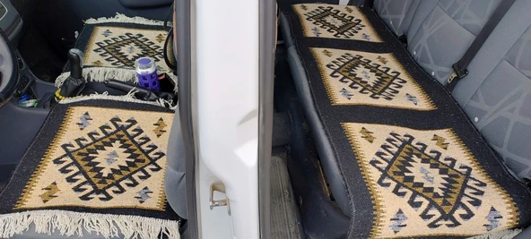 Reversible Oto Koltuk Kilim Seti • 3 Parça • Makine Dokuma • Akrilik & Polyester • Saçaklı - 4