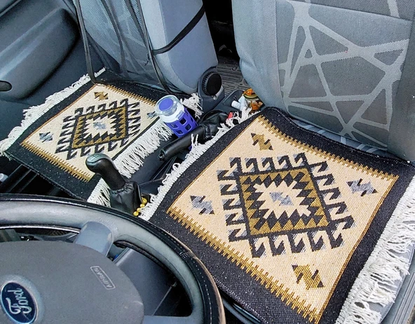 Reversible Oto Koltuk Kilim Seti • 3 Parça • Makine Dokuma • Akrilik & Polyester • Saçaklı - 5