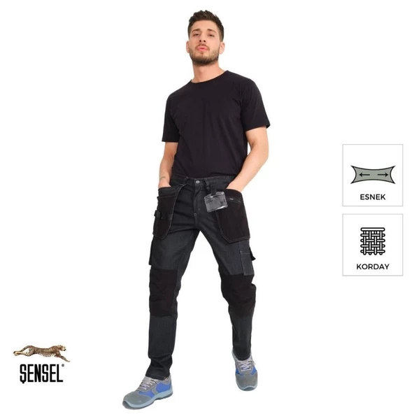 Şensel, Çok Cepli Kot İş Pantolonu, Gri-Siyah -54E6037- Esnek - 5
