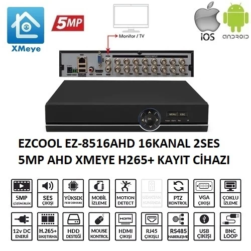 TEKNOTEG - EZCOOL EZ-8516AHD 16 KANAL 5 MP 1HDD XMEYE KAYIT CİHAZI