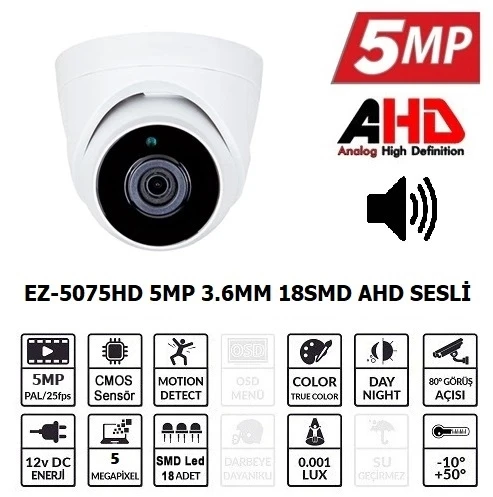 TEKNOTEG - EZCOOL EZ-5075HD 5MP 3.6MM SMD AHD SESLİ DOME KAMERA