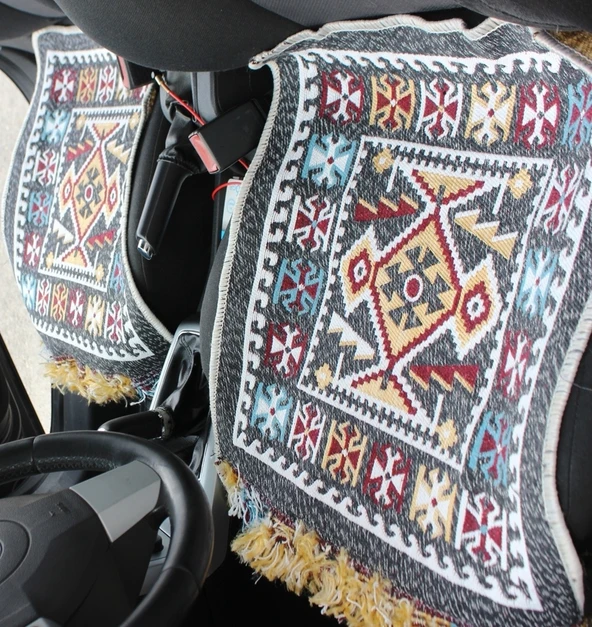 Pratik Oto Koltuk Kilim Seti • 3 Parça • Makine Dokuma • Akrilik & Polyester • Saçaklı - 5