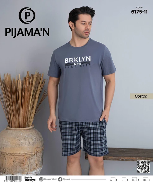 Pijamoni Erkek Bisiklet Yaka Kısa Kol Şortlu Pijama Takımı 6175/11 - 1 Adet  M Füme - 2