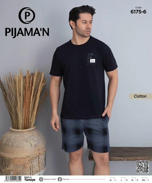 Pijamoni Erkek Bisiklet Yaka Kısa Kol Şortlu Pijama Takımı 6175/6 - 1 Adet  Siyah 2XL - 2