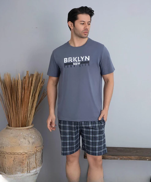 Pijamoni Erkek Bisiklet Yaka Kısa Kol Şortlu Pijama Takımı 6175/11 - 1 Adet  XL Füme