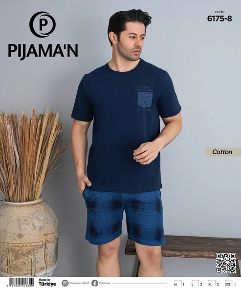 Pijamoni Erkek Bisiklet Yaka Kısa Kol Şortlu Pijama Takımı 6175/8 - 1 Adet  XL Lacivert - 2