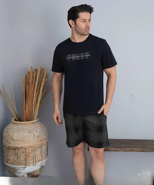 Pijamoni Erkek Bisiklet Yaka Kısa Kol Şortlu Pijama Takımı 6175/3 - 1 Adet  XL Siyah