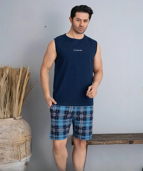 Pijamoni Erkek Bisiklet Yaka Kolsuz Şortlu Pijama Takımı 6185/2 - 1 Adet  Lacivert 2XL