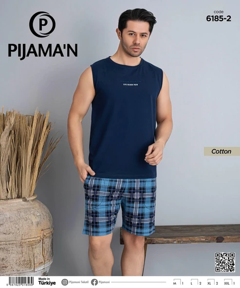 Pijamoni Erkek Bisiklet Yaka Kolsuz Şortlu Pijama Takımı 6185/2 - 1 Adet  Lacivert 2XL - Resim 2