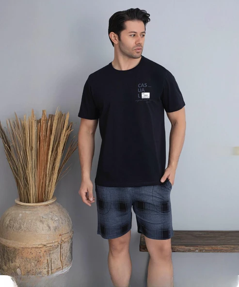 Pijamoni Erkek Bisiklet Yaka Kısa Kol Şortlu Pijama Takımı 6175/6 - 1 Adet  Siyah L