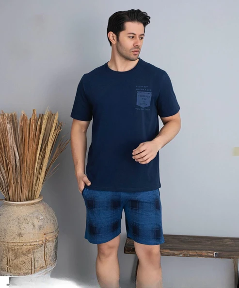 Pijamoni Erkek Bisiklet Yaka Kısa Kol Şortlu Pijama Takımı 6175/8 - 1 Adet  M Lacivert