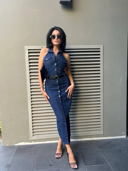 Lucky Life Düğme Detaylı Belden Kemerli Sırt Dekolte Kot Elbise - Resim 2