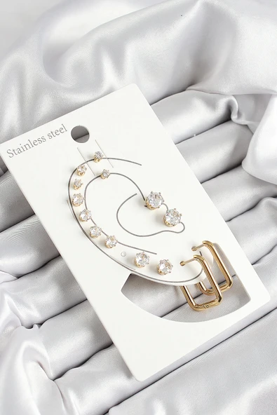 316L Çelik Dikdörtgen Figürlü Ve Zirkon Taşlı Gold Renk 7'li Çift Kadın Küpe Set