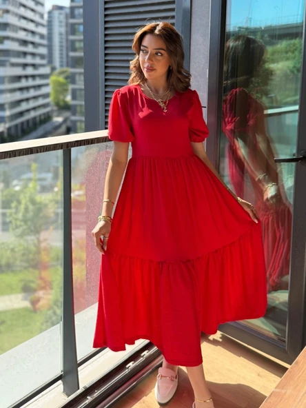 Lucky Life Kadın Kısa Kollu Yakası Açık Katlı Bürümcük Balon Elbise - Resim 2