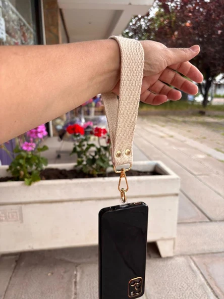 Çanta Aksesuar Krem Renk Pamuklu  Telefon Bilek Askısı, Telefon Zinciri, Telefon Askısı, Tüm Telefon Kılıfları İçin Uygundur