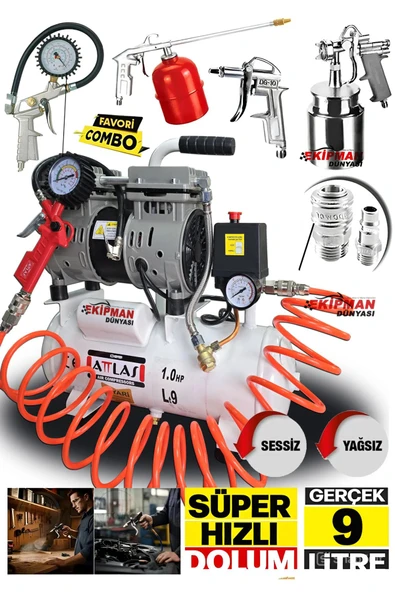 PROXTECH Süper Hızlı Sessiz Dolum 1Hp Gerçek 9 Litre Bakır Sargı Motor Hava Kompresörü 5Li Havalı Combo Set