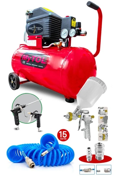 PROXTECH En Çok Tercih Edilen 2HP 50 Litre 8Bar Hava Kompresörü Boya Tabancası ,15Mt Spiral Hortum Boya Set