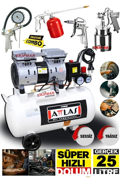 PROXTECH Süper Hızlı Sessiz Dolum 1Hp Gerçek 25 Litre Bakır Sargı Motor Hava Kompresörü 5Li Havalı Combo Set