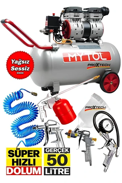 PROXTECH Süper Hızlı Sessiz Dolum 1Hp Gerçek 50lt Bakır Sargı Motor Hava Kompresörü Havalı Combo Set