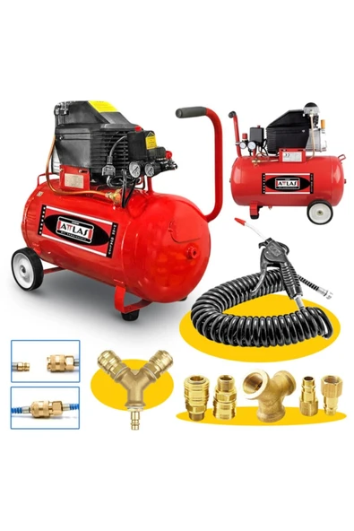 Atlas 50 Litre Hava Kompresörü 2hp 8bar 15mt Spiral Hortum Havatabancası- Jakları Full- Fırsat Paket