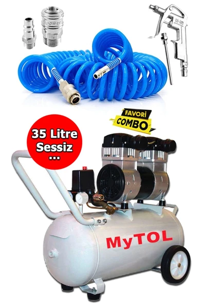 MYTOL 35 lt Ultra Sessiz Yağsız Hava Kompresörü ve 15 mt Hava Hortumu Seti 8 Bar Full Set