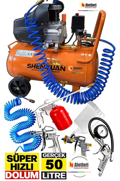 PROXTECH Bakır Sargı Motor Gerçek 50LT 2,5HP Süper Hızlı Dolum Hava Kompresörü Havalı Boya Set 8 Bar