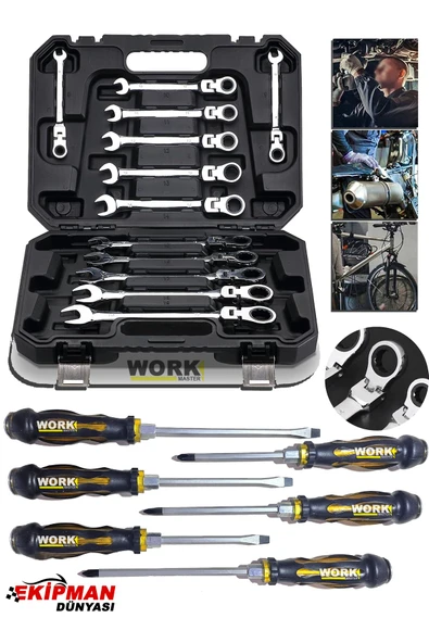 WORKMASTER 12 Parça Mafsallı Çırçırlı Kombine Taşıma Çantalı Anahtar Seti ve Tornavida Seti
