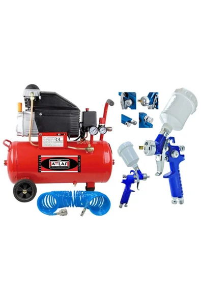 Attlas 50 Litre Hava Kompresörü Ve Üstten Depolu Hava Boya Tabanca Seti Full Set
