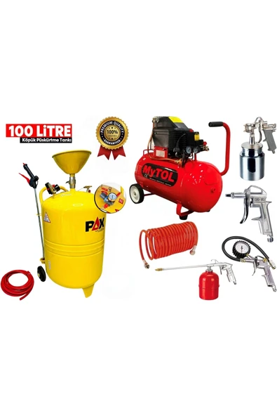 MYTOL Profesyonel 50 Lt Hava Kompresörü 5 Parça Havalı Set ve 100 Litre Yüksek Basınçlı Köpük Tankı