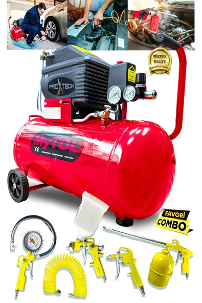 PROXTECH 2HP 50 Lt Full Paket EnÇok Tercih edilen Hava Kompresörü Boya,Lastik,Mazot Temizleme 5PCS Havalı Kit