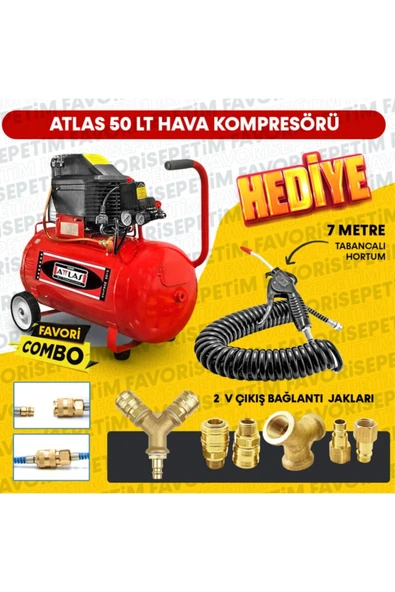 Atlas 50 Litre Hava Kompresörü 2hp 8bar 15mt Spiral Hortum Havatabancası- Jakları Full- Fırsat Paket - 2