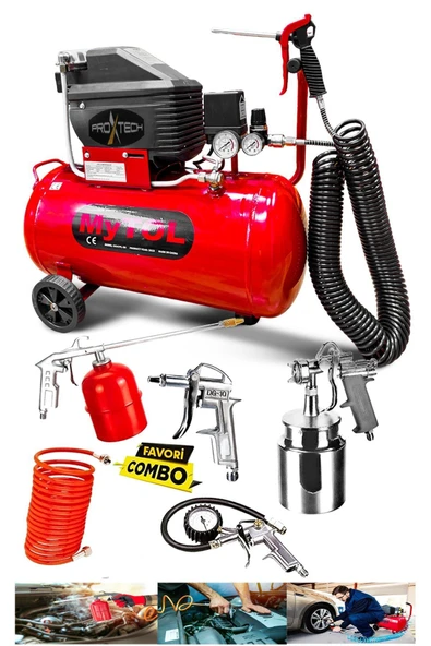 PROXTECH EnÇok Tercih edilen 2HP 50 Lt Full PaketHava Kompresörü Boya,Lastik,Mazot Temizleme 5PCS Havalı Kit