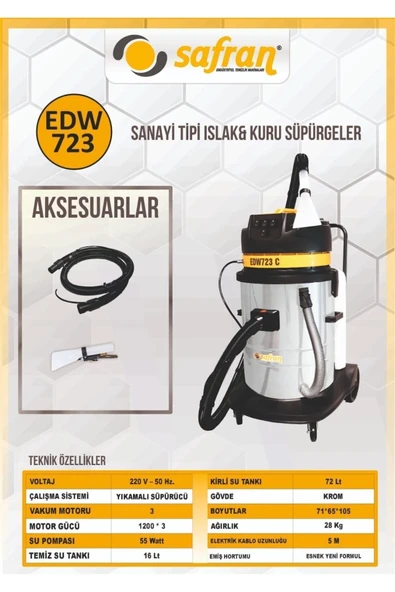 Safran Edw 723 17 Lt Temiz ,72 Lt Kirli Su Tankı Kapasite 3600 Watt Krom Kazanlı Koltuk Yıkama Makinası - Resim 2