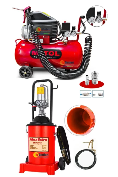 Max Extra Iş-aletleri 12 Litre Havalı Gres Pompası ve Mytol 50 Litre Hava Kompresörü Full Set