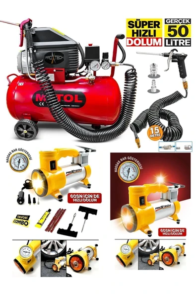 PROXTECH 50 Litre Yağlı Sesli Hızlı Hava Kompresörü 2Hp 8 Bar ve Çakmaklığı Takılan Mini Araç Kompresörü - 2