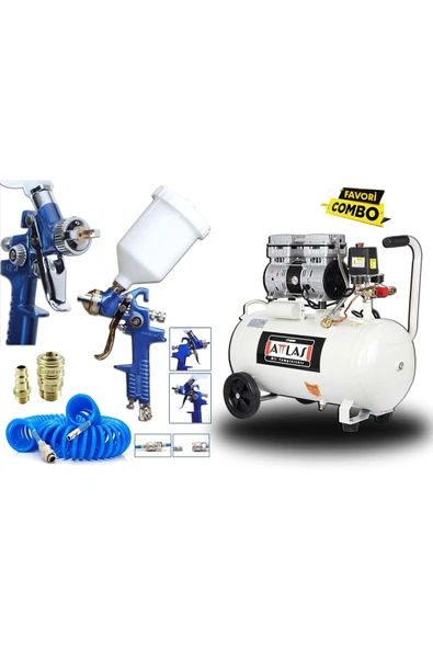 Attlas 50 Litre Yağsız Sessiz Hava Kompresörü Ve Süper Kalitede Boya Tabanca Seti