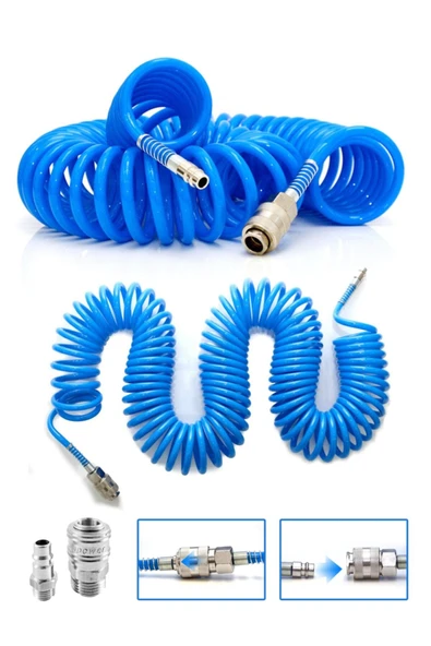 Craftex Profesyonel Yüksek Kalite Kompresör Spiral Hava Hortumu 8 mm 15 mt Hava Jakı Kompresör Recor Seti - 3