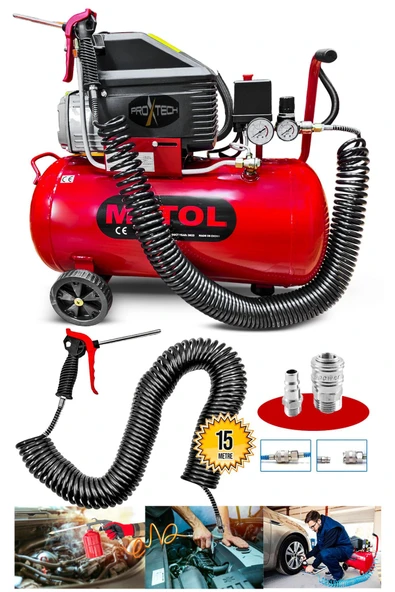 PROXTECH En Çok Tercih Edilen 2HP 50 Litre 8Bar Boya ,Lastik Hava Kompresörü 15Mt Spiral Hortum Stoper Kit - 1