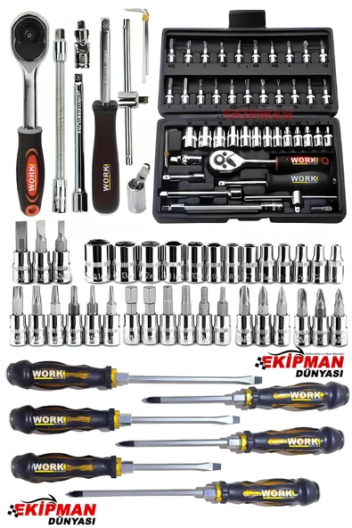 WORKMASTER Yüksek Kalite 46 Parça Mini Lokma Takımı Otomatik Cırcırlı 1/4″ Kombinasyon Alet ve Tornavida Seti